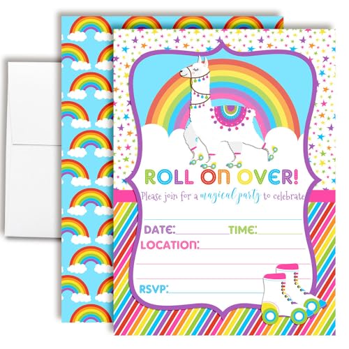 Cartes d'invitation anniversaire lama et arc-en-ciel AmandaCreation x20 avec enveloppes