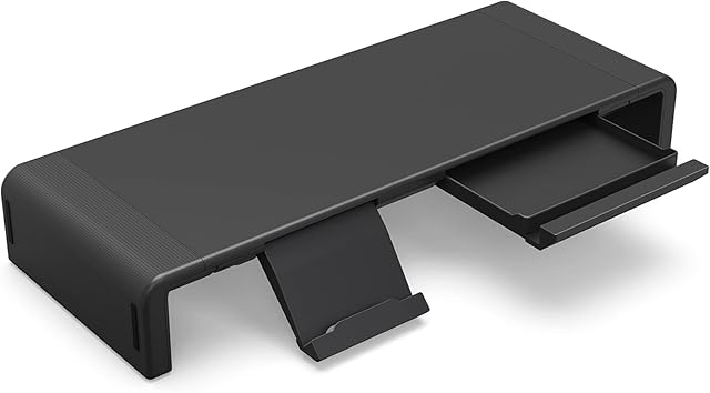 Klearlook Foldable Monitor Stand Built in Storage Drawer Tablet&Phone Stand Holder, Width Adjustable Desktop Monitor Screen Riser,Anti-Slip Monitor Mount for Computer/Printer/Laptops/TV-Black