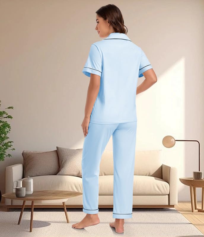 Image of CF 100% Cotton Pajamas for Women Set 2 Piece Short Sleeve Tops and Long Pants Comfy Well-Fitted Loungewear Set Pj Sets