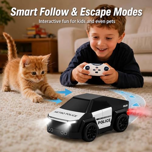 Image of PLUSPOINT 2.4GHz RC Drift Car with Spray Effect | Rechargeable Remote Control Racing Police Car with LED Lights, Smart Follow & Escape Modes | Mini Drift Vehicle Toy for Kids Age 3+