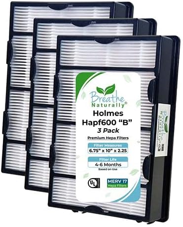 Breathe Naturally HAPF600 True HEPA Filter B (3 Pack) Replacement for Holmes Air Purifier Filter B, HAPF600D-U3