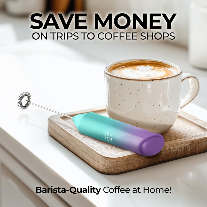 Image of Zulay Kitchen Milk Frother Handheld Battery Operated - Electric Drink Mixer for Coffee, Lattes, Cappuccinos, Matcha & Hot Chocolate - Portable Foam Maker & Coffee Bar Accessory - Eclipse Purple Teal