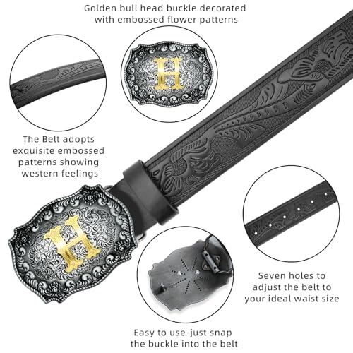 Image of Mens Western Cowboy Cowgirl Faux Leather Belt Longhorn Bull Pattern Letter Big Buckle Embossed Floral Belts