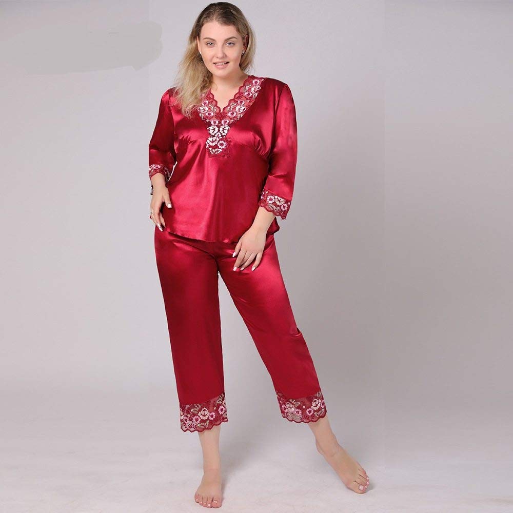 YUHOOE Pijamas De Mujer,Conjunto De 2 Piezas De Pijama De Satén De Seda De Talla Grande con Cuello En V Bordado De Encaje Sedoso Ropa De Dormir De Manga 3/2 Ropa De Dormir Ropa De Casa,Rojo,6XL