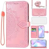 Asuwish Cover per Xiaomi Redmi 9A/9AT con Pellicola Vetro Temperato Supporto Regolabile Pelle Portacarte Portafoglio Mandala Custodia per Redmi9A A9 AT9 9i Sport M2006C3LG Cellulare Case Oro Rosa