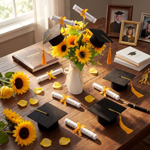 Image of Breling 24 Pcs Black and Gold Graduation Centerpiece Sticks Felt Graduation Scroll Diploma and Grad Cap with Tassel Decor 2026 Table Toppers Centerpiece Party Supplies for Grad Party Decorations