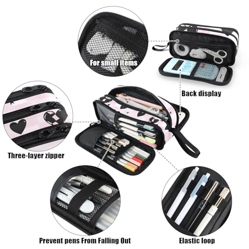 Image of Fustylead Cute Pink and Black Heart with Checkered Design Pencil Pen Case with 3 Compartments, Lightweight & Spacious Stationery Bag Cosmetics Bag