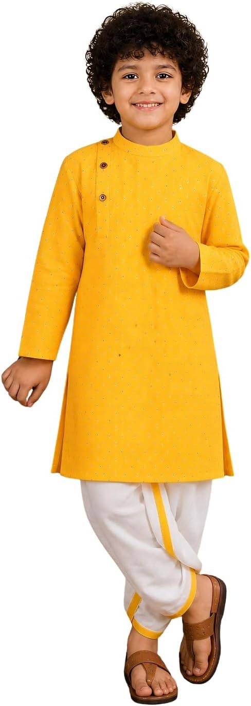 Boy's Cotton Kurta with Dhoti - Golden Thread Work, Side Button Kurta Set for Ethnic Wear