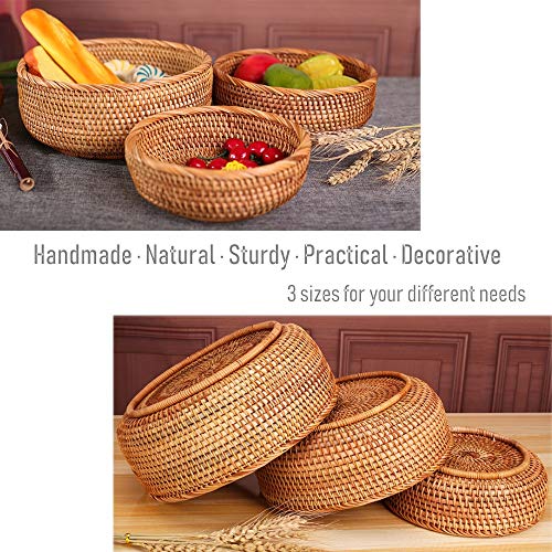 Amololo 3 Pack Hadewoven Round Rattan Fruit Basket Wicker Food Tray Weaving Storage Holder Dinning Room Bowl, 10 Inch Small Wicker Basket Serving Tray Woven Basket For Bread, Snack, Brown(3-Size Kit) #TOP3