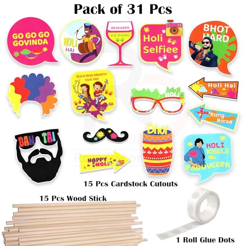 Image of Rozi Decoration Happy Holi Photo Booth Props for Rang Barse Party Decoration Items | Holi Decoration Items for Home |Rang Barse Props for Happy Holi Decoration Pack of 31 Pcs