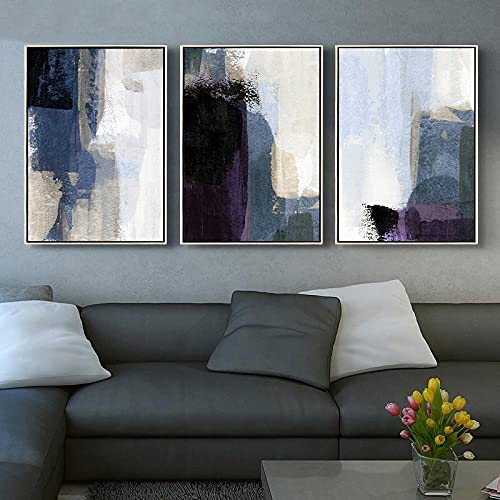 Art mural abstrait bleu et noir : 3 toiles 50x70cm modernes sans cadre pour decoration salon