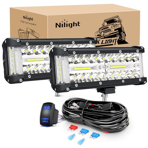 Nilight Side Shooter LED Light Bar 2PCS 7 Inch Triple Row Spot Flood Combo Lights Work Lighting with 5Pin Rocker Switch Wiring Harness Kit for Off Road Light on Truck SUV ATV UTV