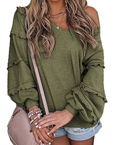 BTFBM Women’s V Neck Long Sleeve Blouse Loose Fit Tunics Ruffles ...
