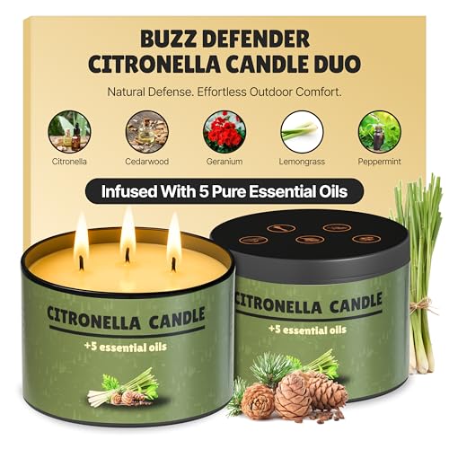 Buzz Defender - 2 velas de citronela para exteriores de 14 onzas, altamente eficaces y 100 % naturales, tiempo de combustión de 64 horas, velas grandes de citronela al aire libre, ideales para el