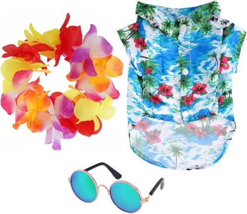 Haakong 3 Pieces Pet Hawaiian Costume Summer Shirts Sunglasses and Wreath for Small Dog Cat...