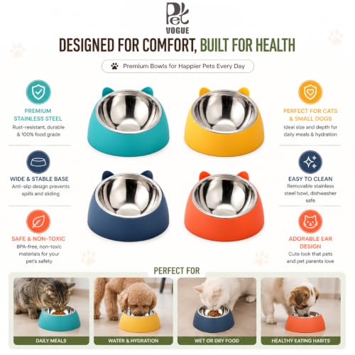 Image of PetVogue Pet Feeding Bowl for Dogs & Cats | Stainless Steel Food Bowl with Durable Plastic Base | Cute Cat Ear Design | Easy to Clean Food & Water Bowl for Cats, Puppies & Small Dogs(Yellow)