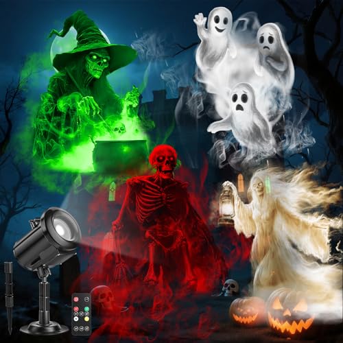 12 in 1 Halloween Ghost Projector Light Outdoor, 3D Dynamic Decoration Light 4 Color, Waterproof Scary Projector with Skeleton Ghost/Ghost/Pumpkin/Witch for Home Window Wall Halloween Holiday Decor