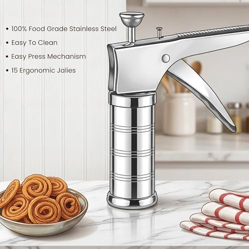 Image of we3 Stainless Steel Kitchen Press with 15 Different Types of Jalies Sev Maker, Idiyappam Press, Murukku Machine, Noodle & Namkeen Maker, Gathiya Maker Multipurpose Snack Maker