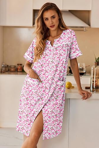 Image of Ekouaer Nightgowns for Women House Dress with Pockets Button Down Sleepshirt Short Sleeve Nightshirt Housecoat
