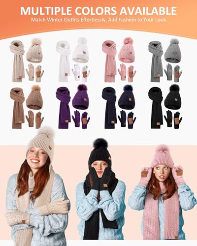 FISFET Mütze, Schal & Handschuh-Sets für Damen, Beanie Mütze Damen Winter mit Bommel Fleece Gefütterte, Touchscreen Handschuhe Schal Wärmer Cap 3 in 1 Set(Haferflocken)