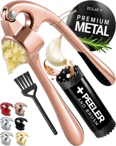 Image of Zulay Kitchen Premium Garlic Press Set - Rust Proof Professional Garlic Mincer Tool - Easy-Squeeze, Easy-Clean with Soft Handle - Silicone Garlic Peeler & Brush (Rose Gold)