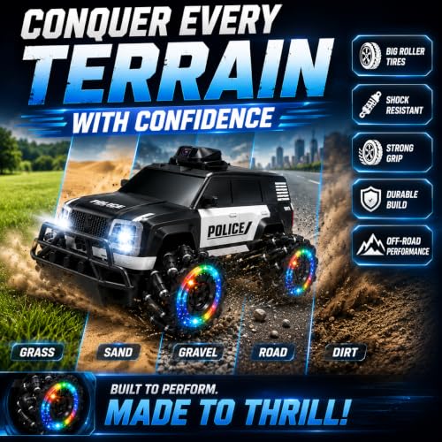 Image of 1:12 RC Police Stunt Drift Car with Camera, 2.4GHz Remote Control Car, LED Lights, Spray Mist, 360 Drift Wheels, USB Rechargeable 4WD Off-Road RC Car Toy for Kids Boys & Girls Age 6+