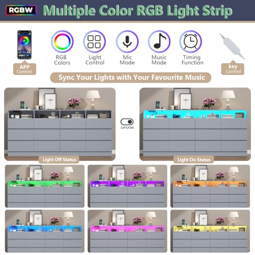 Image of Loomie 12-Cell Divided Drawers Grey Dresser with Charging Station & Led Lights for Bedroom, Long 63 inch Wide Dresser TV Stand for TVs up to 75 inch, Large Dressers Organizer with 4 Open Cubbies