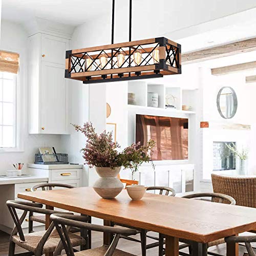 Image of Island Light Fixtures Pendant Rectangular Wood Farmhouse Chandelier for Dinning Rooms 5-Light Linear Kitchen Island Lighting