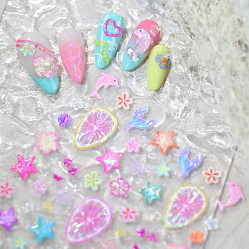 Image of Beach Nail Stickers Starfish Nail Art Stickers Lemon Flower with Design 5D Embossed Nails Decals Self Adhesive Nails Charms Supplies for Women DIY Decoration Accessories