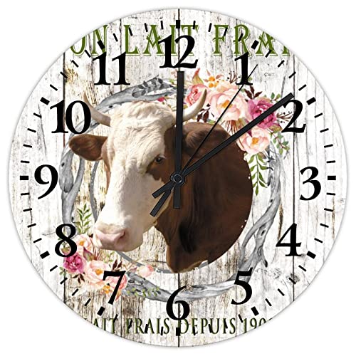 Wooden Wall Clock Fresh Floral Wreath Abstract Animal Cool Things for Your Room Battery Operated Silent Noiseless Shabby Chic Farmhouse Primitives Cow French Style Round Clock 10 Inch