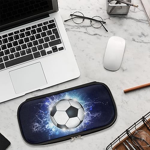 Image of Soccer Ball Leather Pencil Case Pen Holder Blue Sports-Themed Large Capacity Black Stationery Organizer Pencil Bag for Boys Girls Football Pencil Pouch Storage Box for School College Office
