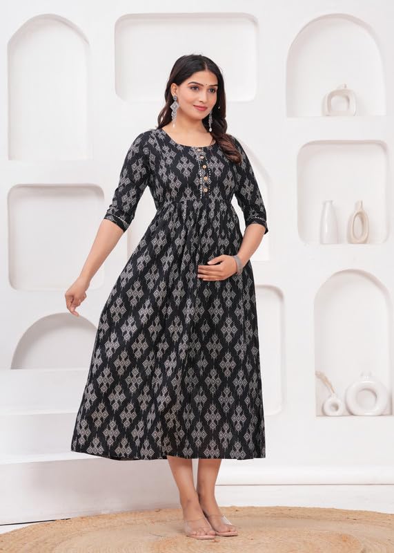 Image of Maternity Feeding Kurti with Zipper | Cotton Floral Printed Pregnancy & Nursing Dress | Comfortable & Stylish Maternity Wear for Women | Breastfeeding Kurta with Zipper | Soft & Elegant