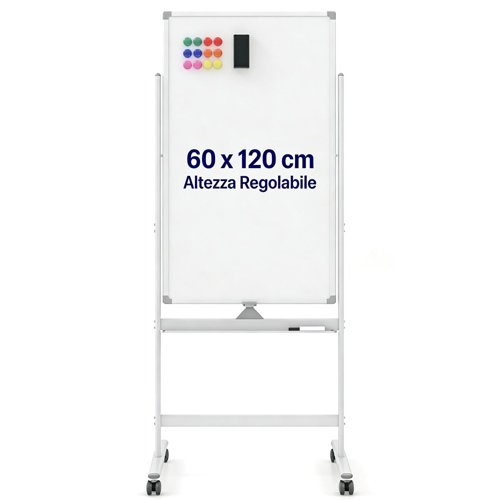 COSTWAY Lavagna Bianca Mobile 60 x 100 cm, Lavagna Magnetica Cancellabile a Secco 360° Reversibile con Cavalletto e Ruote, Completa di Pennarelli e Cancellino (Bianco)