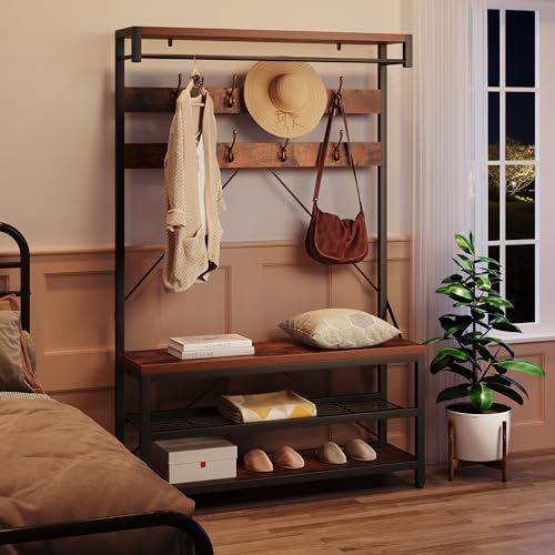 IDEALHOUSE Coat Rack Shoe Bench Industrial Hall Tree Storage Bench for Entryway, Wood Look Accent Large Shoe Rack with Storage Shelf Hanging Bar,8 Hooks Rustic Brown 39.9"x15.7"x72"