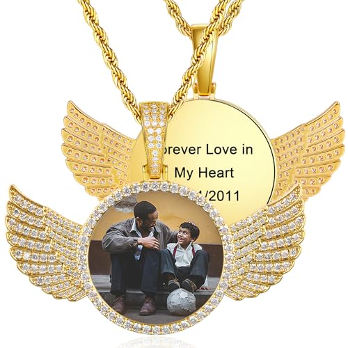 YIMERAIRE Photo Necklace Personalized for Women Men 18K Gold Plated Angel Wing Custom Picture Pendant Circle Chain Memorial Hip Hop Necklace Keepsake Christmas Gifts