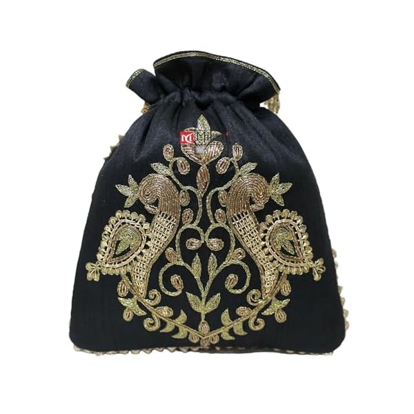 MILAN'S CREATION : Zardosi Potli Bag Peacock Hand Embroidery Drawstring Potli Women's Handbag Purse With Pearl Handle & Tassel Purse (Golden) - Image 5