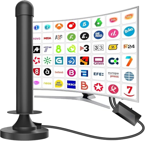 Antena TDT Interior con Amplificador, Antena portatil TV HD 2026, Antena TV Interior 360° Omnidireccional, Canales Locales Sin Suscripción, Antena TDT Interior Cable 9.8ft, Base Magnética