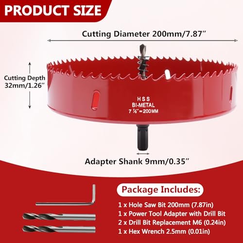Image of 7.87 Inches /200mm Bi-Metal Hole Saw with Pilot Bit & Arbor | Red-Coated, Cuts Fiberboard, Wood, Drywall, Plastic, Soft Metal, PVC, Cornhole Boards, For Precision Drilling