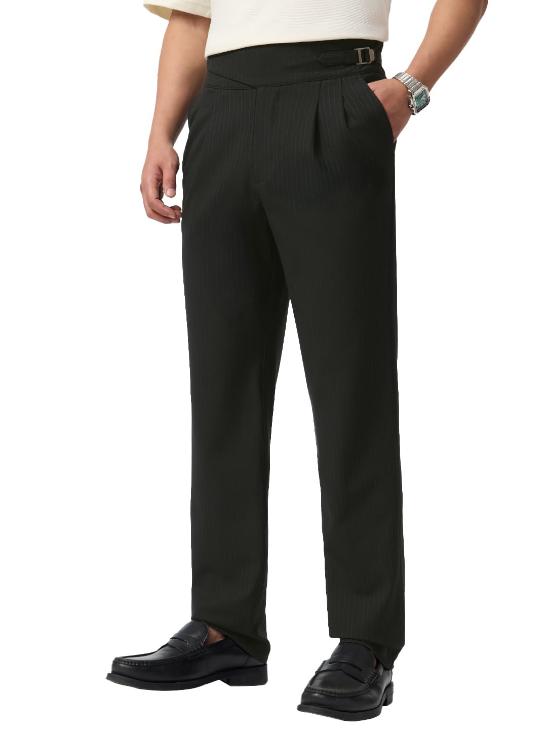 The Souled Store Gurkha Pants: Stripes Men and Boys Polyester Blend Straight Fit Adjustable Waist 4-Way Stretch Wrinkle Resistant Easy to Style Everday Office Wear Super Flex Pants in neutral