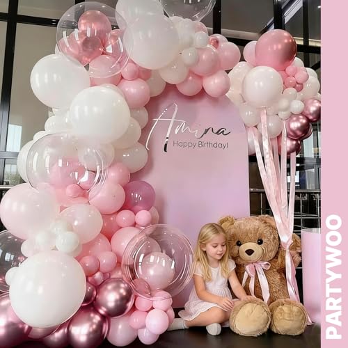 Image of PartyWoo Pink and White Balloons 65pcs 12 Inch Light Pastel Baby Metallic Pearl Pink Matte White Confetti Balloons for Gender Reveal Wedding Bridal Girl Baby Shower Princess Birthday Party Decorations