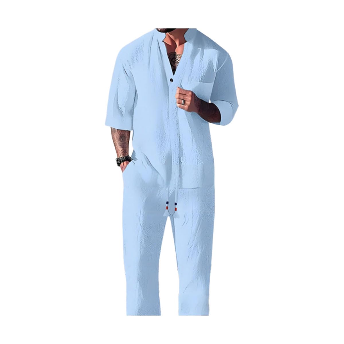 Men's Cotton Linen Top Pants Two-Piece Set,Men’s Casual V-neck Short Sleeve Button Down Shirt And Pants Sets