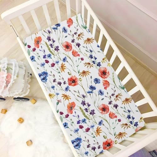 Image of CaTaKu Crib Sheets for Girls & Boys - Wildflowers Poppy Baby Sheets, Neutral Toddler Mini Crib Mattress Sheets Fitted for Nursery Bed, 27 inchx 39 inch