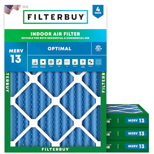Image of Filterbuy 14x20x2 Air Filter MERV 13 Smoke & Allergy Defense (4-Pack) | Electrostatic Pleated HVAC AC Furnace Filters Replacement, Made in USA (Actual Size: 13.50 x 19.50 x 1.75)