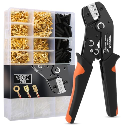 VEUWOLM 1050 Stück Crimpzange Aderendhülsen Kabelschuhe Set, Crimpzangen 0,25-1.5mm², Crimp Zange 2.8 mm/4.8 mm /6.3 mm Crimpzange Set, Kabelschuhzange, Quetschverbinder Kabelschuh Sortiment Kit