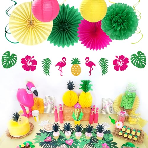 Image of Hawaiian Aloha-Luau Flamingo Party-Decorations Supplies - 21pcs Hello Banner,Pool Paper Lanterns Honeycomb,Beach Theme Streamers Garland,Tissue Pom Poms Flowers Fan,Tropical Summer Tiki Decor Burgleda