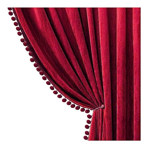 Image of Amazon Brand - Umi Velvet Eyelet Door Curtains with pom pom Lace for Living Room Bedroom Kitchen 2 pc Pack in Wine Color (Windows - 4 feet x 5 feet)