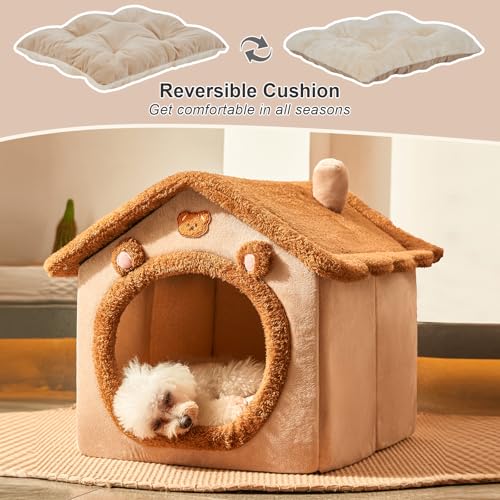 Jiupety Hundehöhle Kleine Hunde mit süßen Bärenohren, Hundehütte Indoor für Katze und Kleine Hunde, Hundehaus für Drinnen, Größe M Hundebett mit Dach, Brown Bear