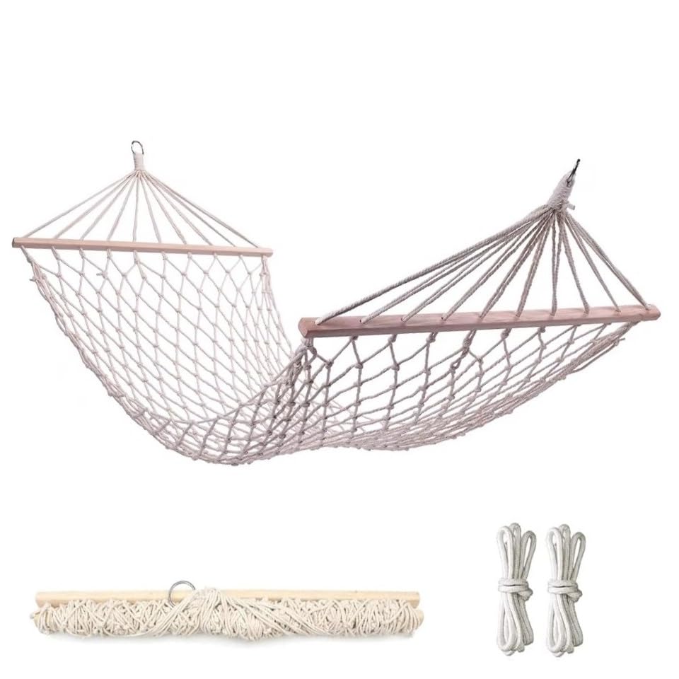 Hamaca Colgante con Estructura de Madera para Exteriores de Macramé. con Borlas Cómoda, Resistente y Espaciosa para Jardín, Playa, Camping y Terraza 200x80 cm