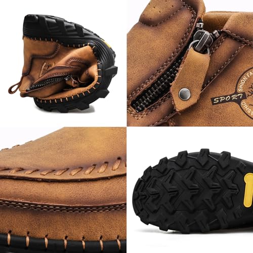 Men's Hand Stitching Leather Slip On Ankle Boots Side Zipper Casual Comfort Moccasin Chukka Boots Outdoor Walking Loafers for Working Driving Hiking (Brown,9)2