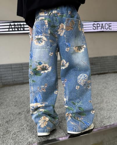 Boys Baggy Flower Printed Jeans Elastic Waist Casual Straight Wide Leg Pull On Hip Hop Denim Pants Streetwear2